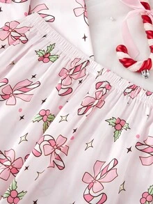 2件套女童可爱蝴蝶结印花翻领开衫和休闲裤舒适睡衣套装 - 彩色 - 查看 7