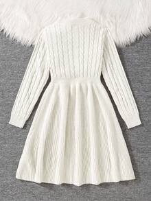 SHEIN Serisse Kids Tween Girls Elegant Round Neck Waist Fitted Knit Midi Dress With Contrast Front Bow For Winter, Knitted Dress Solid White Long Sleeve Knit Dress, Classic Elegant Round Neck Waist Fitted Knit Midi Dress. White Winter Dress, Autumn Winter White Knitted Dress, White Long Sleeve Dress Fall Tween Modest Dress Mom And Daughter Matching Dress Girls Spring Autumn French Style Dress Mommy And Me Dress