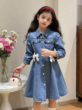 Denimly Tween Girls Vintage Casual Urban Preppy Cute Sweet 3/4 Sleeve Dress With Front Center Hand-Sewn White Bow Fall Winter