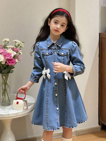 Genkimix Kids Denimly Tween Girls Vintage Casual Urban Preppy Cute Sweet 3/4 Sleeve Dress With Front Center Hand-Sewn White Bow Fall Winter