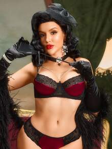 蕾丝拼布复古链条女士内衣套装 - 黑色 - 查看 2