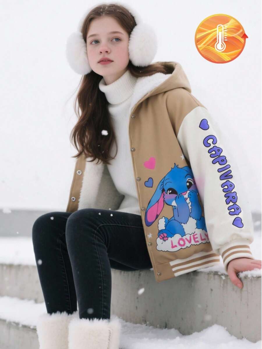 SHEIN Áo khoác hoodie lót nỉ giữ nhiệt in chữ và hoạt hình tay dài cho bé gái tuổi mới lớn, mùa thu/đông - Màu Khaki - Xem 1