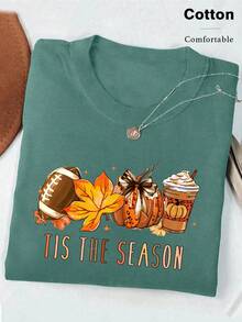 INAWLY Áo thun nữ cổ tròn tay ngắn in hình quả bí ngô và cà phê - Màu xanh Cadet - Xem 3