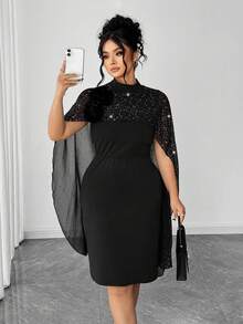 SHEIN Clasi Eleganter Damen Große Größen Schal mit 3D Blumen und Glitzer, einfarbiges knielanges Kleid, geeignet für Party und Veranstaltungen - Schwarz - Übersicht 5