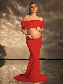 Cheriluna Maternity 1pc Maternity Solid Color Off-Shoulder Short Sleeve Top And Elegant Photoshoot Outfit