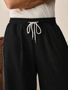 SWAVVY Men Casual Everyday Commute Simple Solid Color Drawstring Waist Loose Wide Leg Pants, Fall