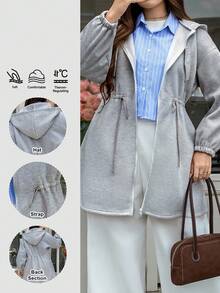 SHEIN LUNE Plus Size Solid Color Drawstring Waist Hooded Jacket, Autumn/Winter Office Outfits For Women Coat Women's Zipper Sweatshirt Jacket, Thermal Lined Warm Jacket - Grey - View 3