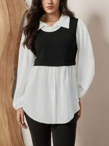 SHEIN LUNE Women Plus Size Color Block Long Sleeve Casual Top, Autumn Holiday Outfit - Black and White - View 5