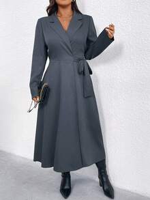 EMERY ROSE 大码女式纯色西装外套领子+束腰蝴蝶结复古优雅通勤派对日常秋冬连衣裙 - 灰色 - 查看 8