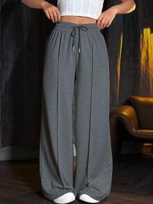 SHEIN Unity Drawstring Waist Wide Leg Sweatpants Graduation,Back To School Outfits,Graduation,Teacher Outfits For Women,Back To School Fall Cloth For Women - Dark Grey - View 5