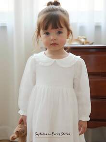 Cozy Pixies Baby Mädchen einfarbiges Kleid mit gesticktem Grafik-Peter-Pan-Kragen, Langarm und Taillenzug