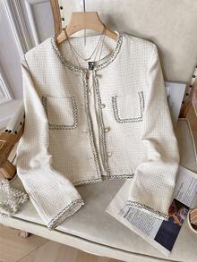 Modelyn 女士休闲通勤罗纹长袖夹克秋冬女装 - 米色 - 查看 4