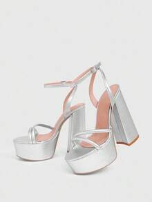 CUCCOO LuxiPop Giày sandal nữ đế cao, mũi tròn, chống thấm nước, chất liệu da PU màu bạc, kiểu dáng tối giản, thoải mái, thích hợp đi hàng ngày, dự tiệc, tiệc tùng, có khóa cài. - Bạc - Xem 6