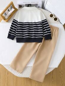 SHEIN 2 件套幼儿男童长袖 Polo 衫和裤子套装，时尚休闲装，面料柔软舒适，条纹和印花设计，适合外出和聚会 - 彩色 - 查看 2