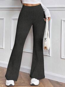 Zavorell 女式休闲日常百搭紧身保暖高腰喇叭裤，松紧腰，黑色，冬季 - 深灰色 - 查看 4