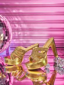 CUCCOO LuxiPop 女士性感时尚粗跟防水台高跟凉鞋，适合万圣节、圣诞节、派对、夜店装扮 - 金色 - 查看 2