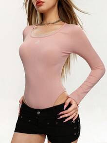 Rina Fox Body de encaje casual para mujer, otoño - Rosa - Ver 4