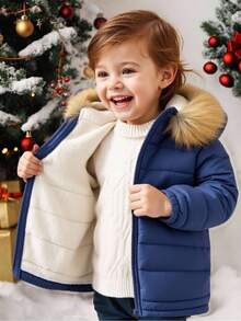 SHEIN Veste à capuche en polaire épaisse unisexe pour bébé avec col en fourrure, bleu foncé, convenant à l'automne/l'hiver, polyvalente pour l'intérieur, l'extérieur, le quotidien, les sports, les jeux, les fêtes, les séances photo, les vacances, les festivals, les raves, le ski