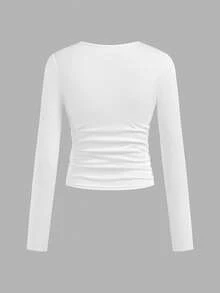 SHEIN Girlism 3件套少女休闲校服字母印花褶皱侧边圆领长袖短款针织T恤上衣，返校季必备 - 西瓜粉 - 查看 7