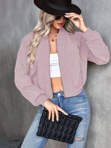 EMERY ROSE Women's Solid Color Long Sleeve Zip-Up Casual Baseball Jacket, Autumn - Dusty Purple - View 4