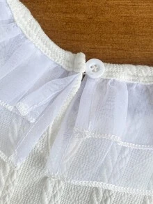 SHEIN 2 件装女婴甜美可爱时尚简约卡其色白色组合长袖圆领上衣，带领和网眼蕾丝花边，适合上学和日常穿着 - 白色 - 查看 3