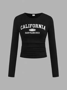SHEIN Girlism 3件套少女休闲校服字母印花褶皱侧边圆领长袖短款针织T恤上衣，返校季必备 - 西瓜粉 - 查看 8