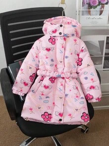 SHEIN 冬季新款可爱卡通碎花连帽加厚中长款女童棉服外套带腰带 - 粉色 - 查看 3