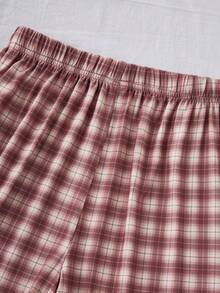 2pcs/Set Boys' Casual Loose Letter & Plaid Print Pajama Set, Comfortable Loungewear - Mocha Brown - View 6