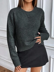 SHEIN Suéter de cuello redondo de manga larga de punto de unicolor y estilo casual - Gris Oscuro - Ver 5
