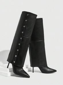 CUCCOO SZL Giày bốt cao đến đầu gối thời trang màu nâu, mũi nhọn, gót nhọn, nút bạc, khóa kéo bên hông dành cho nữ - màu đen - Xem 2