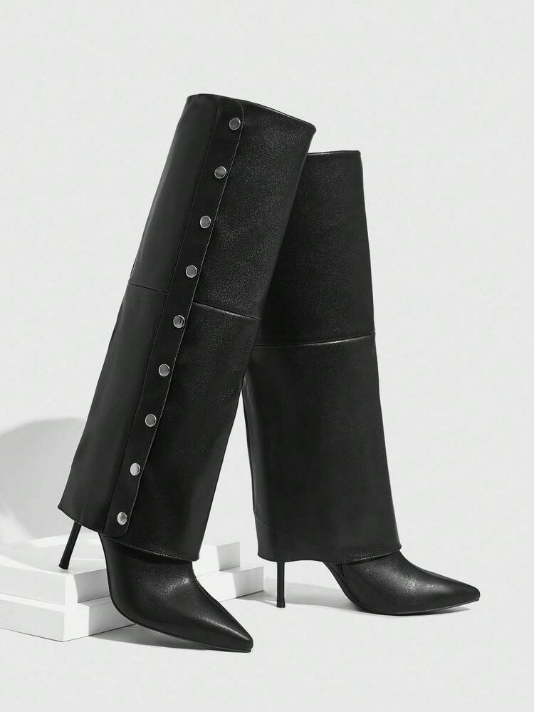 CUCCOO SZL Brown Side Zipper Pointed Toe Stiletto Heel Silver Button Fashionable Knee-High Boots For Women