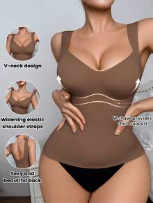 SHEIN 1 件女士无缝塑身衣上衣，腰腹部塑形，简约吊带背心可外穿，塑身 - 咖啡棕 - 查看 5