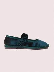 CUCCOO DOLLMOD Women's Dark Green Elegant Velvet Classic Comfortable Velvet Pleated Elastic Mary Jane Flat Shoes Spring Shoes - Dark Green - View 3