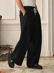 SWAVVY Men Casual Everyday Commute Simple Solid Color Drawstring Waist Loose Wide Leg Pants, Fall