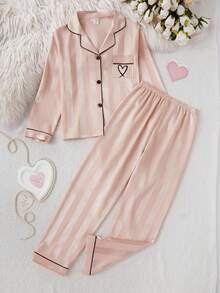 女童香槟色条纹长袖开衫和裤子两件套睡衣套装 - 彩色 - 查看 5