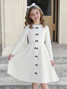 SHEIN Serisse Kids Tween Girls Elegant Round Neck Waist Fitted Knit Midi Dress With Contrast Front Bow For Winter, Knitted Dress Solid White Long Sleeve Knit Dress, Classic Elegant Round Neck Waist Fitted Knit Midi Dress. White Winter Dress, Autumn Winter White Knitted Dress, White Long Sleeve Dress Fall Tween Modest Dress Mom And Daughter Matching Dress Girls Spring Autumn French Style Dress Mommy And Me Dress