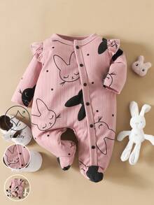 Đứa bé gái Đồ họa Hoạt hình Viền Ruffle Áo liền quần ngủ có chân - Bụi hồng - Xem 3