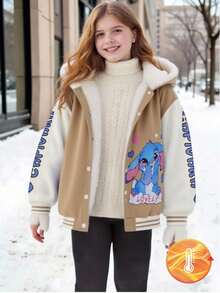 SHEIN Áo khoác hoodie lót nỉ giữ nhiệt in chữ và hoạt hình tay dài cho bé gái tuổi mới lớn, mùa thu/đông - Màu Khaki - Xem 7