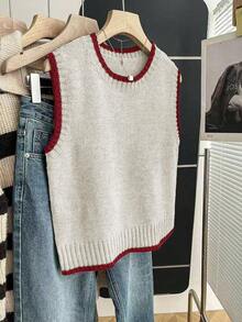 Franclia 女式休闲宽松圆领无袖针织撞色边卡其色毛衣上衣，春秋季 - 米色 - 查看 5