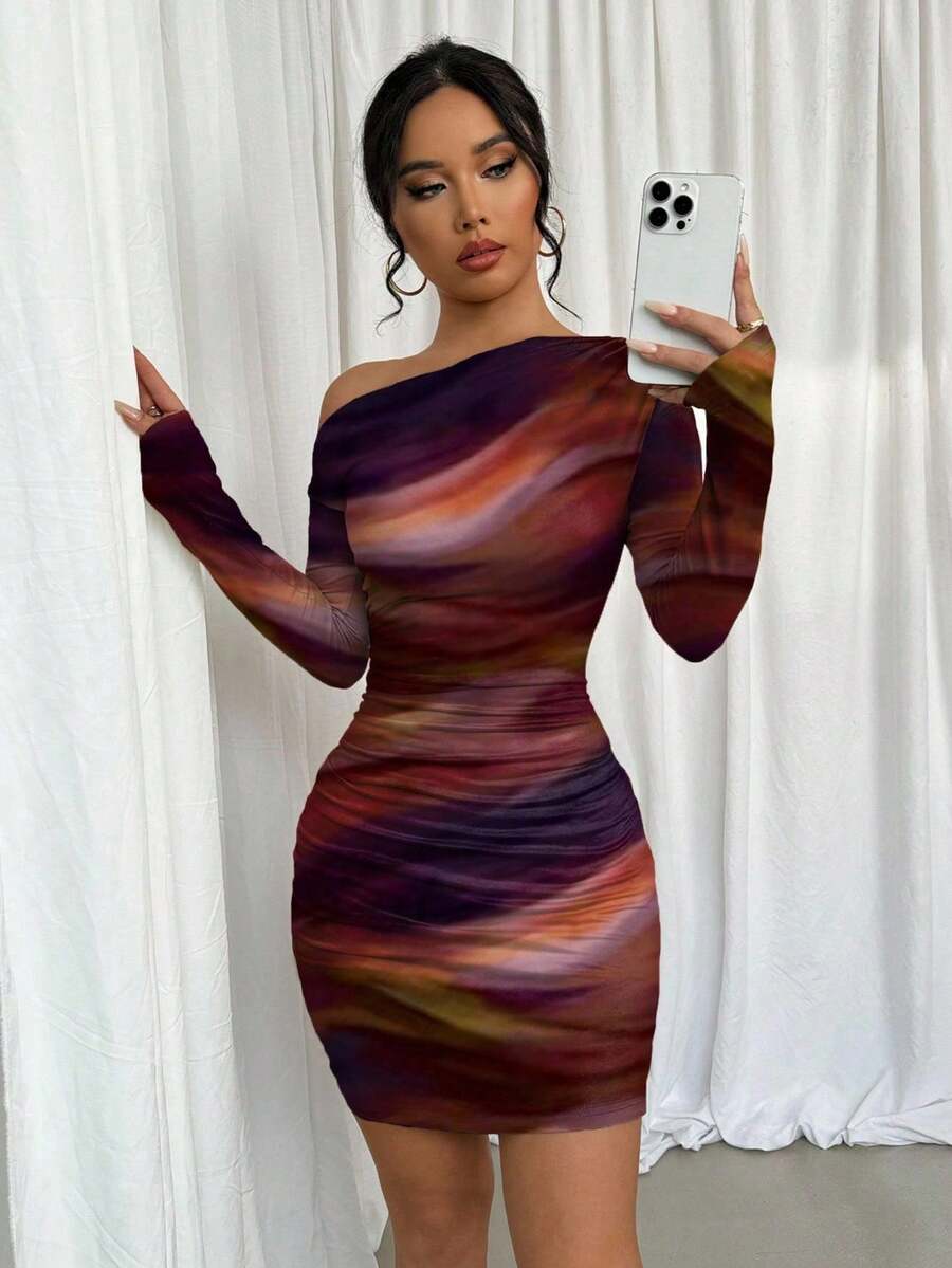 Selianne 扎染印花褶饰不对称肩长袖连衣裙 - 橘色 - 查看 1