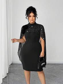SHEIN Clasi Eleganter Damen Große Größen Schal mit 3D Blumen und Glitzer, einfarbiges knielanges Kleid, geeignet für Party und Veranstaltungen - Schwarz - Übersicht 3
