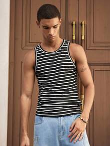 SWAVVY 男士休闲百搭日常条纹圆领背心，夏季 - 白色 - 查看 3