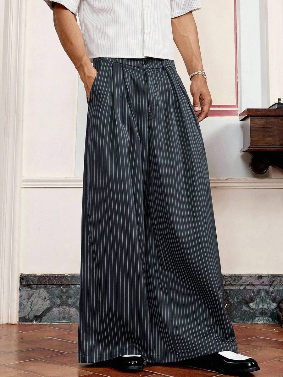 SWAVVY 男士休闲通勤条纹阔腿裤 - 深灰色 - 查看 1