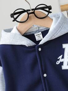 2 Stücke Set für Kleinkinder, Jungen, Colorblock-Kapuzenpullover, Jacke und einfarbige blaue Hose, lässiges Dekor mit Buchstabe Muster, lockere Passform, geeignet für Ausflüge, Faulenzen, Sport und Themenpartys. Trainingsanzug für Jungen, Babykleidung für Jungen, Letterman-Kapuzenpullover-Set für Jungen, Herbst- und Wintersaison, Kleinkindkleidung für Jungen - Blau - Übersicht 8