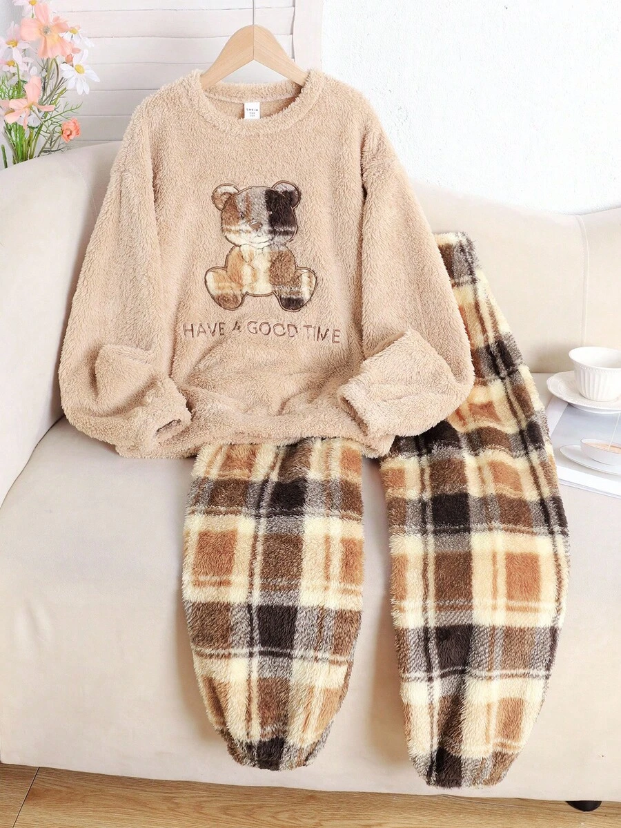 SHEIN Bộ 2 áo nỉ kẻ sọc gấu và quần dài thoải mái, đồ ngủ rộng rãi, chống cháy cho bé gái vào mùa thu/đông - Màu Khaki - Xem 1