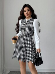 Islaluna Vestido de mujer con cuello de volantes, estampado de pata de gallo, decoración de cintura y bordado de botones