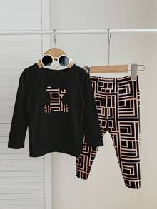 Baby Girl Casual Knit Bear Print Long Sleeve Top And Geometric Pattern Leggings Set - Black - View 2