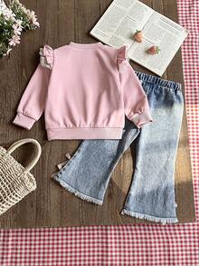 SHEIN 2pcs Baby Girls' Sweet Pink Butterfly Embroidery Crew Neck Long Sleeve Sweatshirt And Denim Pants Set, Decorated With Pink Ribbon Bow, Suitable For Outings, Dates, Casual, School, Party And More Baby Girl Jeans Set Bow Baby Girl Outfit Baby Girl Clothes Toddler Girl Tops Sets Baby Girl Outfits With Bows Toddler Girl Clothes Set Baby Girl Flared Jeans Set Fall Winter - Pink - View 2