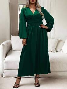 Vionelle Plus Size V-Neck Lantern Sleeve High Side Split Dress, For Christmas Maxi Women Outfit - Dark Green - View 6