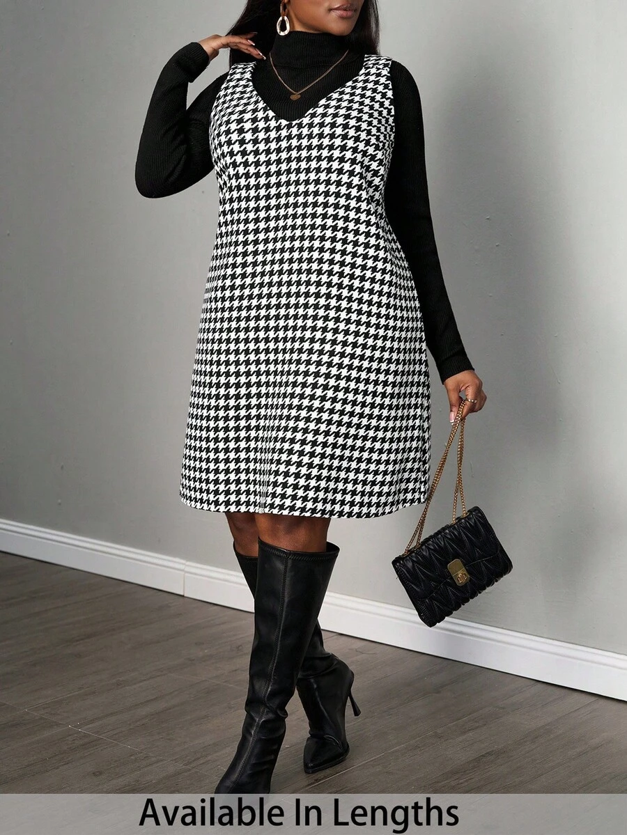 SHEIN PETITE CURVE Plus Size Women's Christmas Red & Black Herringbone Plaid Pinafore Dress, Casual Vintage Street Style, Autumn/Winter Women Long Sleeve Dress Jumper Dress Checkered Dress Plaid Dress Women Houndstooth Dress - Black and White - View 1